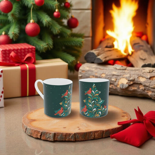 Designer Bone China Mug with Christmas Tree Pattern - Elegant Seasonal Drinkware