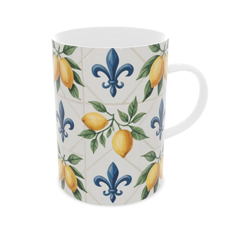 Lemon Patterned Fine Bone China Mug - Mediterranean-Inspired Drinkware