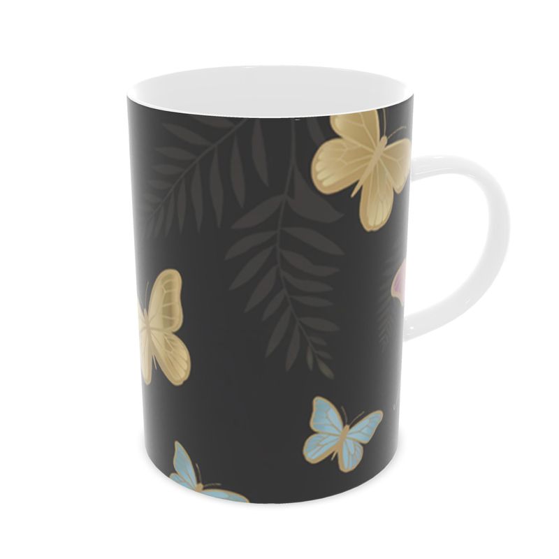 Designer Fine Bone China Mug with Black Butterfly Decal - Luxury Drinkware