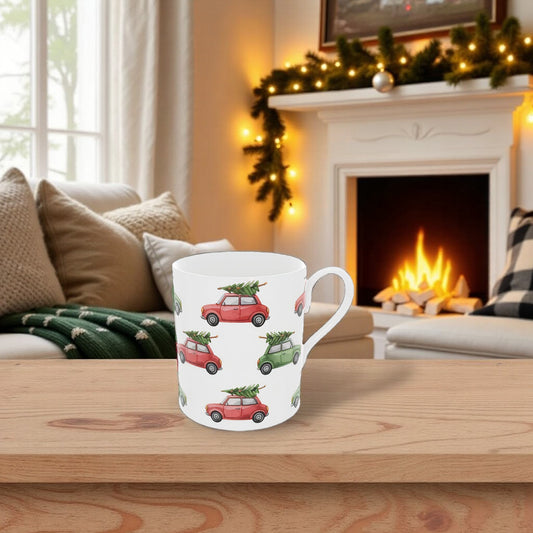 Vintage Style Mini Cars and Christmas Trees Bone China Mug - Gift for Car Lovers