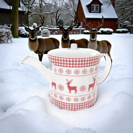 Elegant Bone China Tea Pot - Traditional Stag Christmas Design