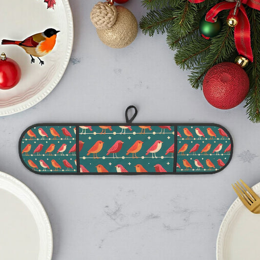 Red and Green Christmas Robins Oven Mitts - Festive Kitchen Accessories