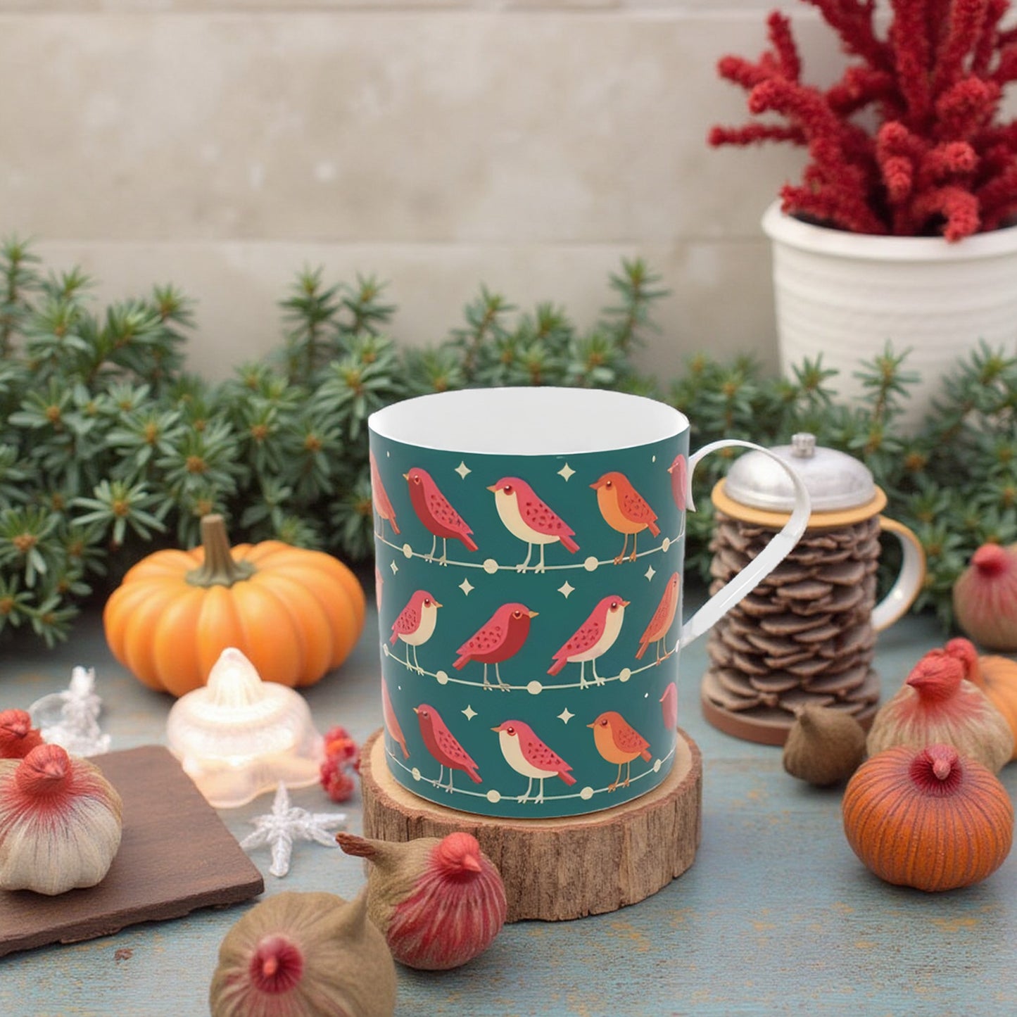 Festive Green Bone China Mug with Luxury Christmas Robins - Holiday Tableware