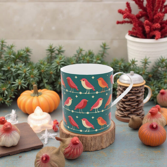 Festive Green Bone China Mug with Luxury Christmas Robins - Holiday Tableware