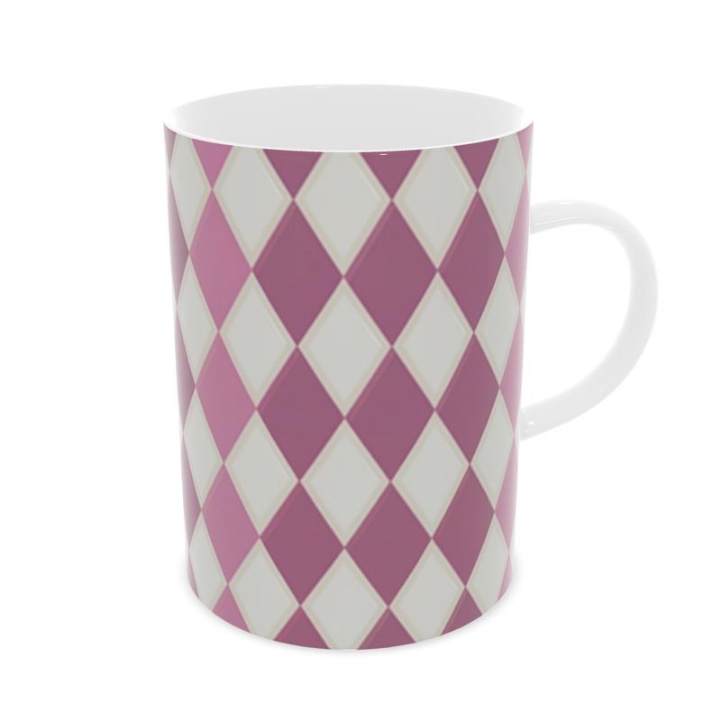 Fine Bone China Coffee Cup in Pink Harlequin Design - Luxury Designer Collection