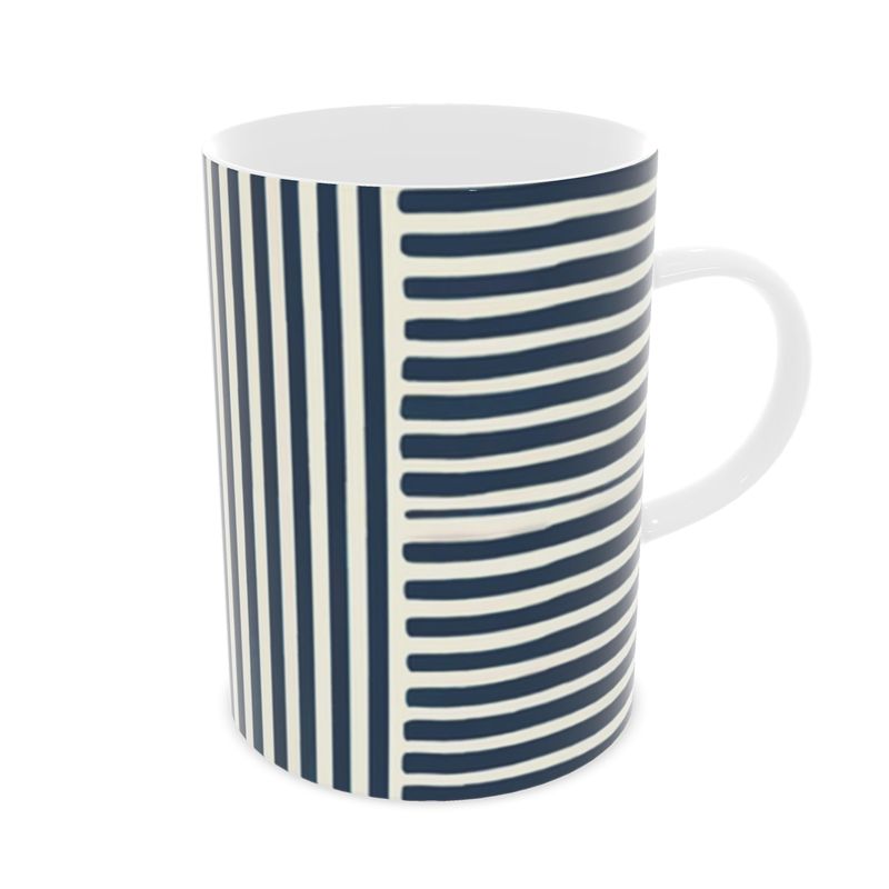 Elegant Blue Striped Coffee Mug - White Bone China Cup - Luxury Tableware
