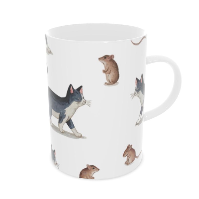 Playful Cat and Mouse Fine Bone China Mug - Whimsical Gift for Cat Lovers