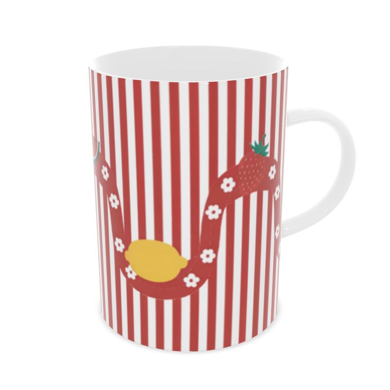 Vibrant Citrus Fruit Mug with Red Stripes - Elegant Bone China