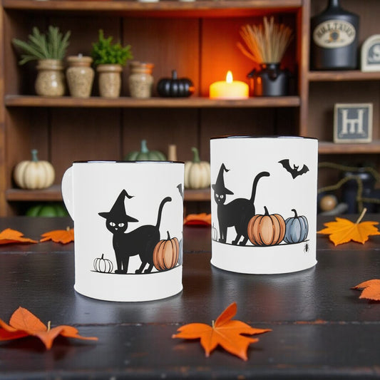 Vintage Style Black Cat and Pumpkins Bone China Mug for Halloween